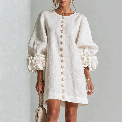 3D Floral Cuff Linen Mini Dress