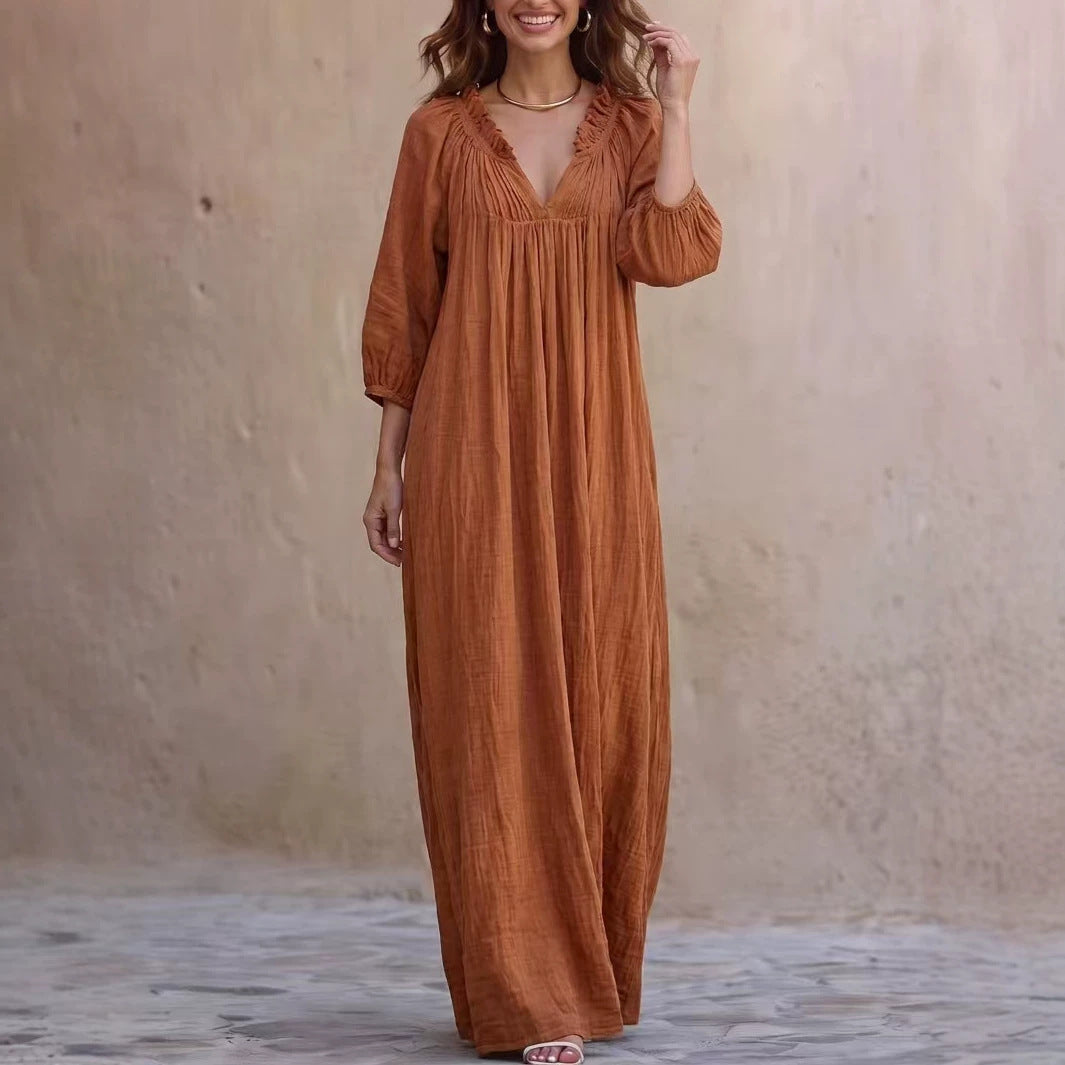 V‑Neck Ruffle Boho Maxi Dress Lantern 3/4 Sleeve Loose Casual Beach Cover‑up Caftan