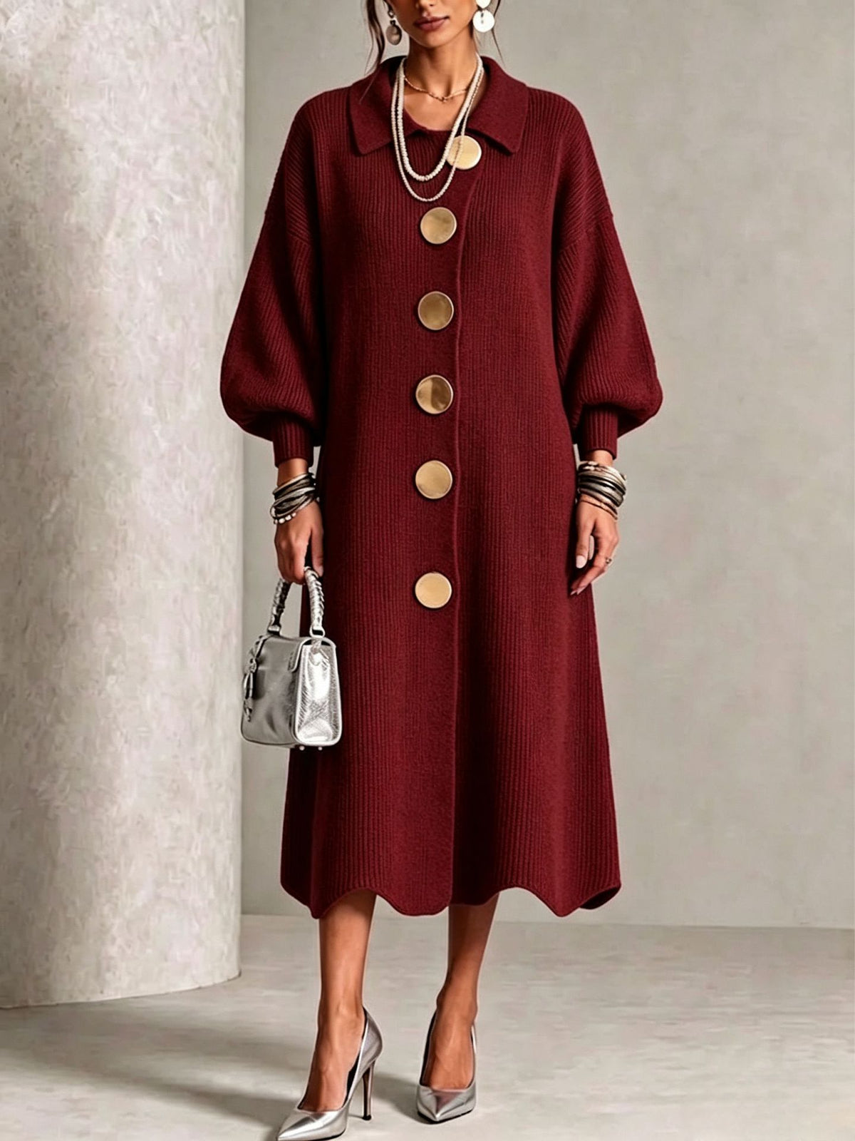 Long-sleeve Knit Dress With A Large Metal Buckle, Lapel Collar, And Lantern Sleeves
