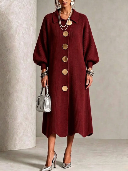 Long-sleeve Knit Dress With A Large Metal Buckle, Lapel Collar, And Lantern Sleeves