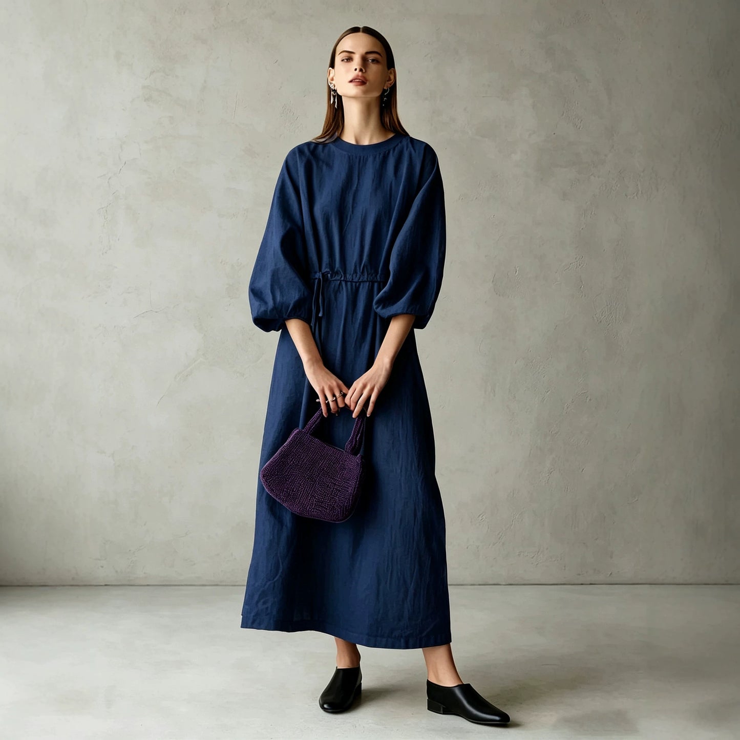Women's Cream Textured Cotton-Blend Maxi Gown With Drop Shoulder Lantern Sleeves & Self Tie Waist Detail, Modern Effortless-Chic Everyday Maxi Dress