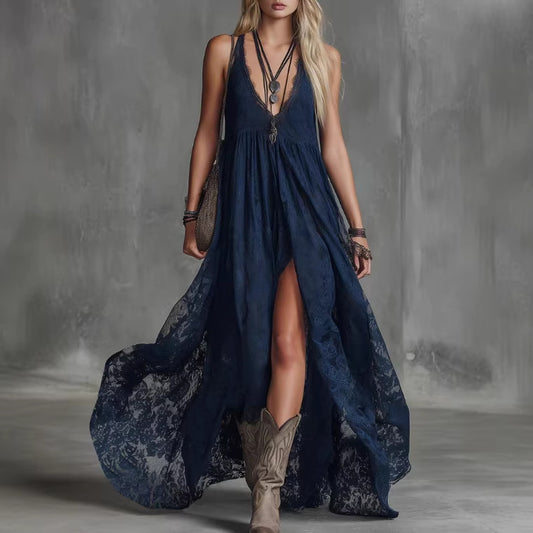 Midnight Blue Lace Western Maxi Dress