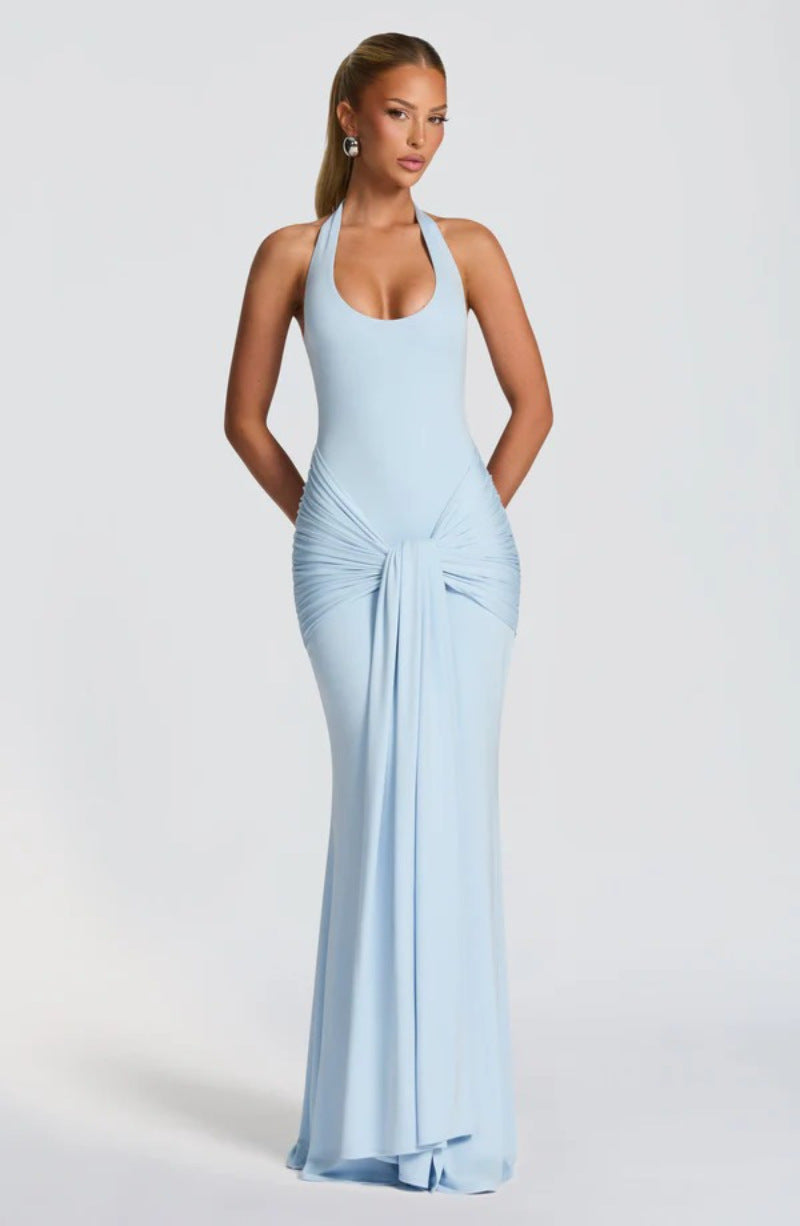 Halter Ruched Draped Mermaid Maxi Evening Dress