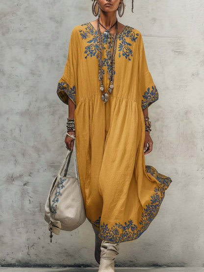 Floral Embroidery Gathered Waist Three Quarter Sleeve Kaftan Maxi Dress