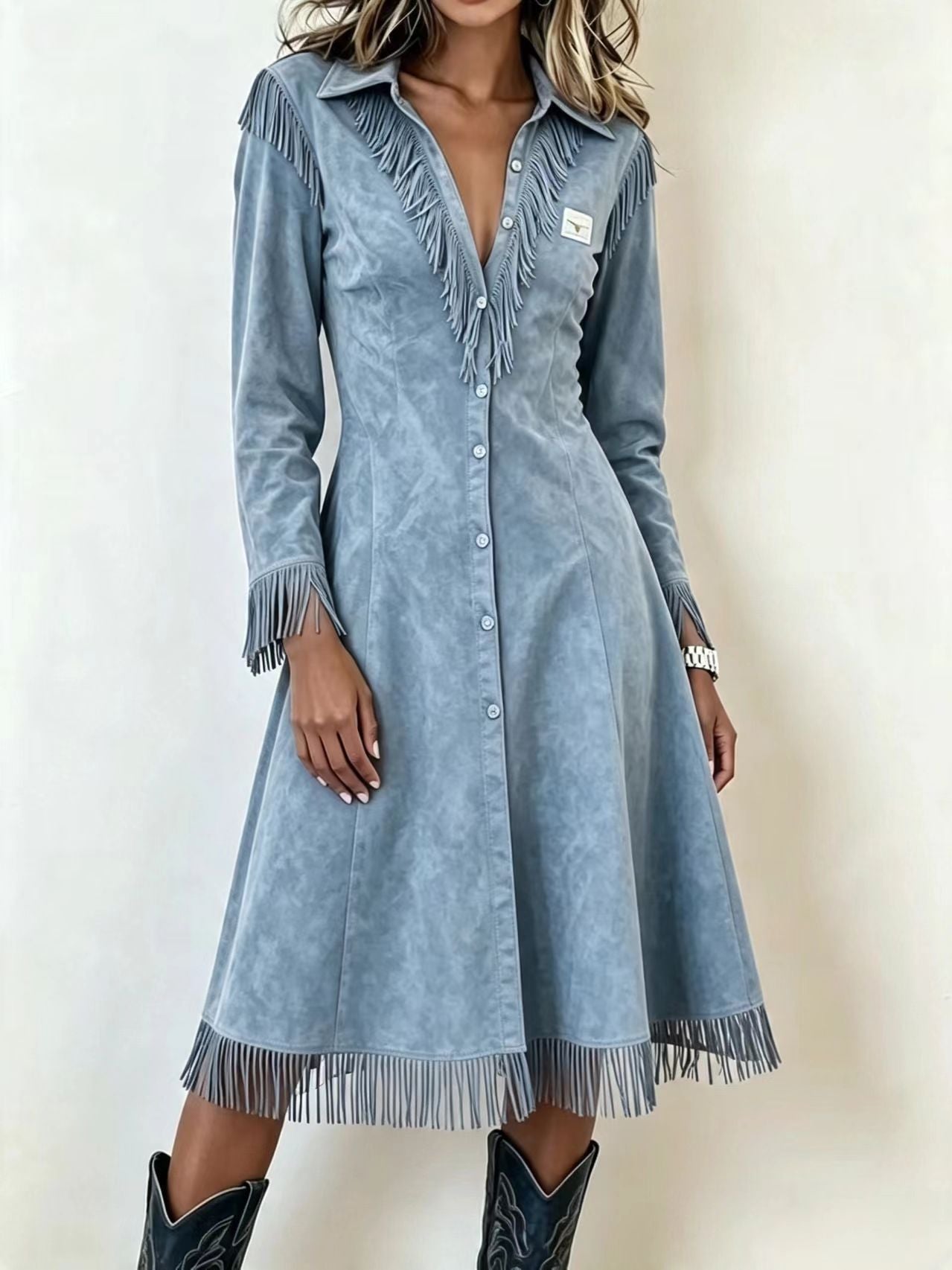 Western Suede‑Effect Fringe Button‑Front Midi Dress - light blue / S