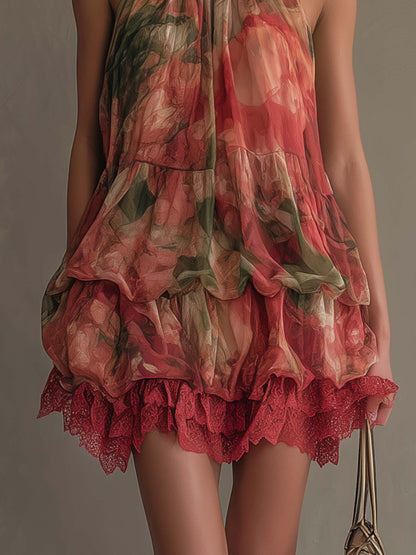 Romantic Floral Halter Tiered Lace Trim Mini Dress
