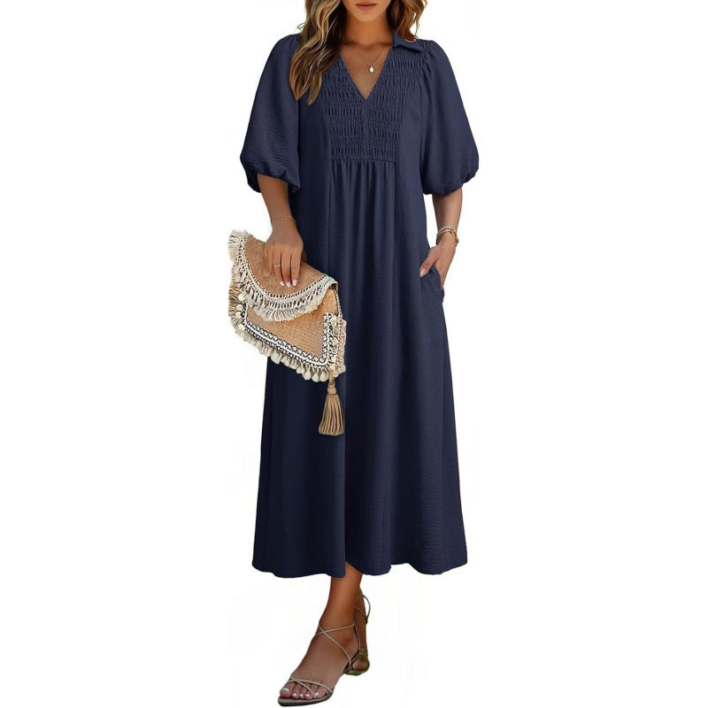 Smocked V‑Neck Puff‑Sleeve Midi Dress