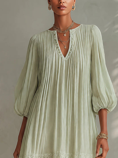 Boho Lace Trim Mini Dress Women V‑Neck Balloon Sleeve Loose Vacation Dress
