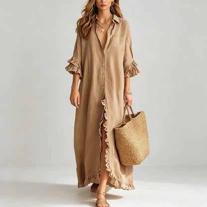 Linen Ruffle Trim 3/4 Sleeve Shirt Maxi Dress