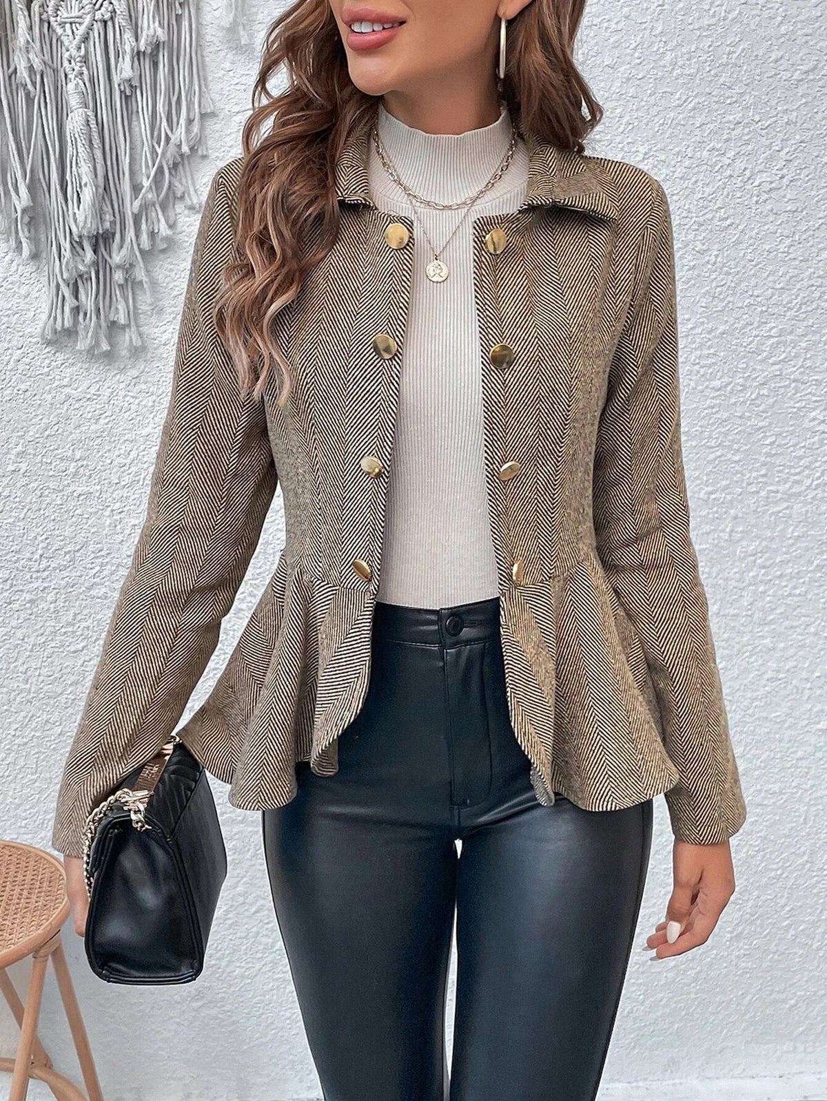 Herringbone Peplum Button‑Front Collared Jacket