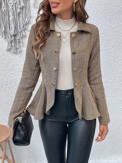 Herringbone Peplum Button‑Front Collared Jacket