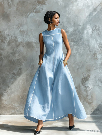 Contrast Stitching Sleeveless Linen Maxi Dress