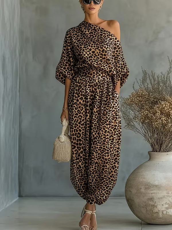 Leopard Print One Shoulder Batwing Top & Cuffed Harem Jogger 2 Piece Co-Ord Set