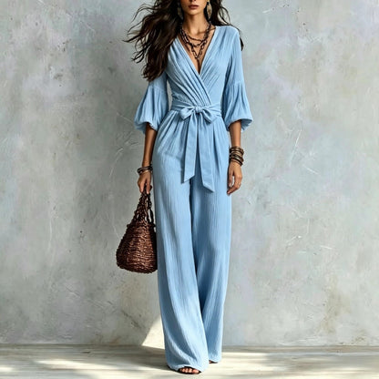 V‑Neck Wrap Belted Textured Wide‑Leg Jumpsuit With Balloon Sleeves