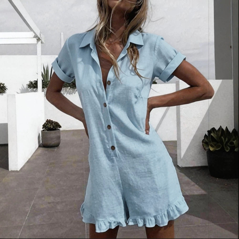 Linen Blend Lapel Shirt Ruffle Hem Short Romper Jumpsuit
