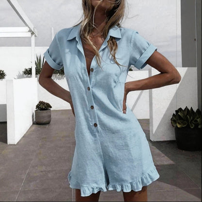 Linen Blend Lapel Shirt Ruffle Hem Short Romper Jumpsuit