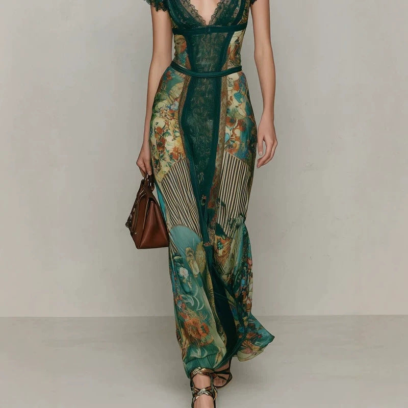 Deep V‑Neck Lace Cap Sleeve Vintage Print Maxi Dress