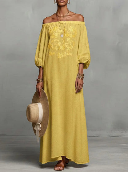 Linen Off Shoulder Floral Embroidery Balloon Sleeve Maxi Dress