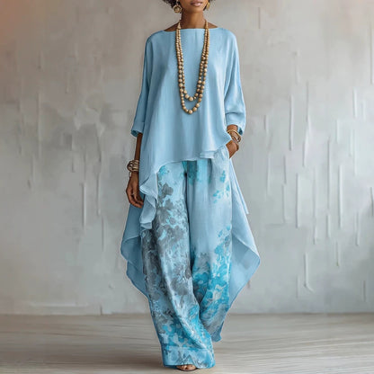Women's Artistic Linen-Blend Asymmetrical Top & Floral Print Wide Leg Pants Two-Piece Set