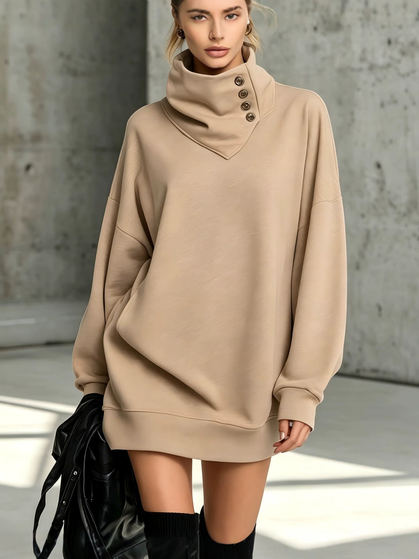 Women's Solid Pink Button-Detail Cowl Neck Long Sweatshirt Tunic Dress