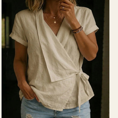 Wrap Tie Waist Linen Blend Short Sleeve V-Neck Blouse