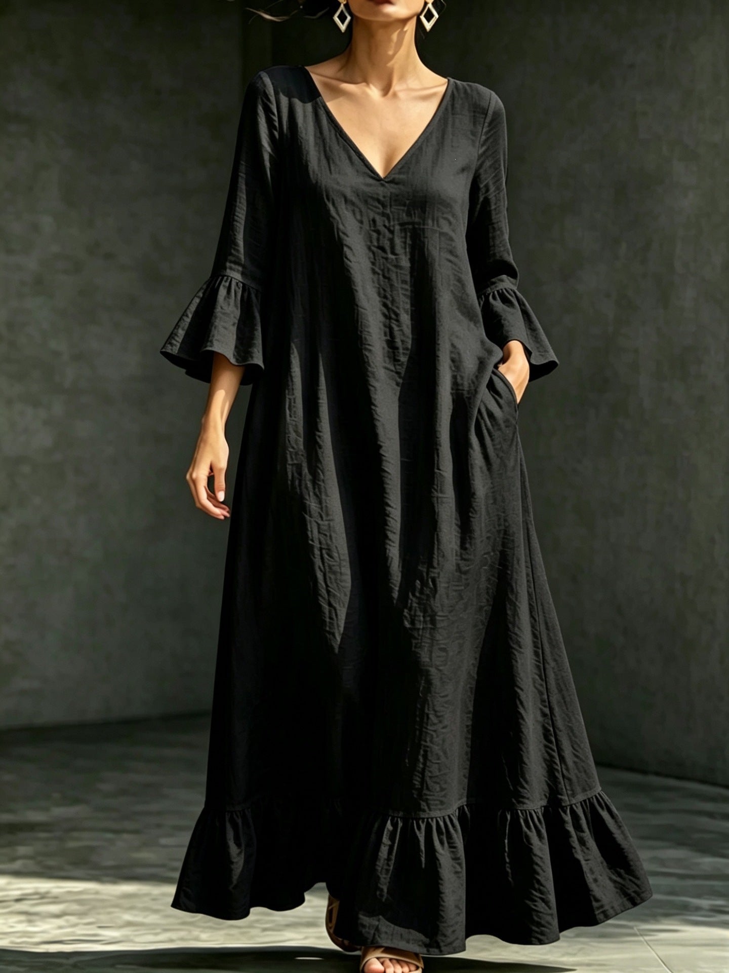 V‑Neck Ruffle Flare Sleeve Linen‑Blend Maxi Dress