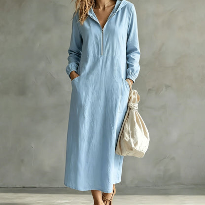 Hooded Zip-Neck Midi Dress