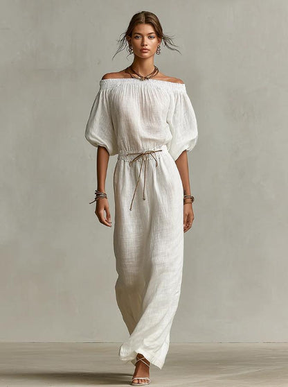 Off‑The‑Shoulder Linen‑Blend Maxi Dress