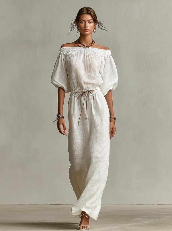 Off‑The‑Shoulder Linen‑Blend Maxi Dress