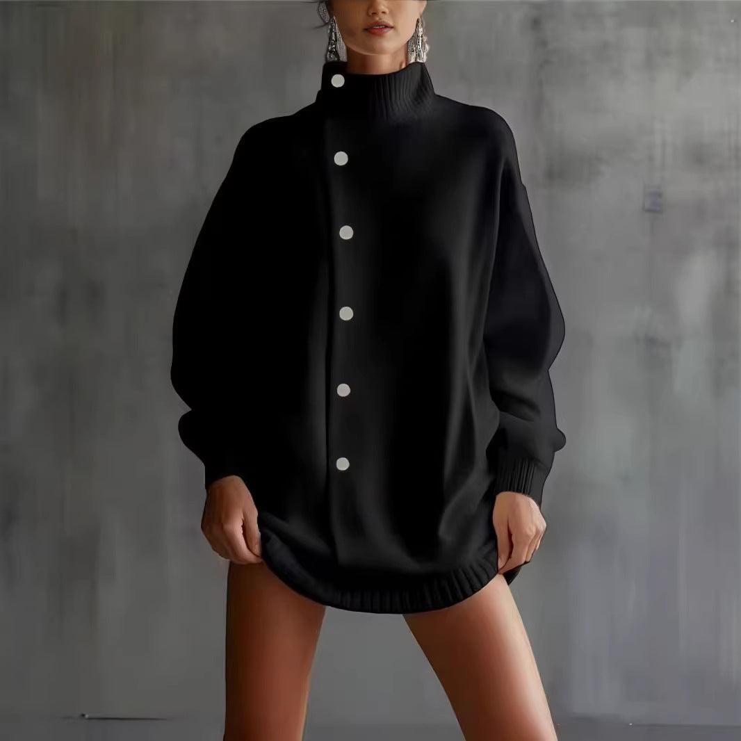 Oversized Asymmetric Button Turtleneck Knit Mini Dress