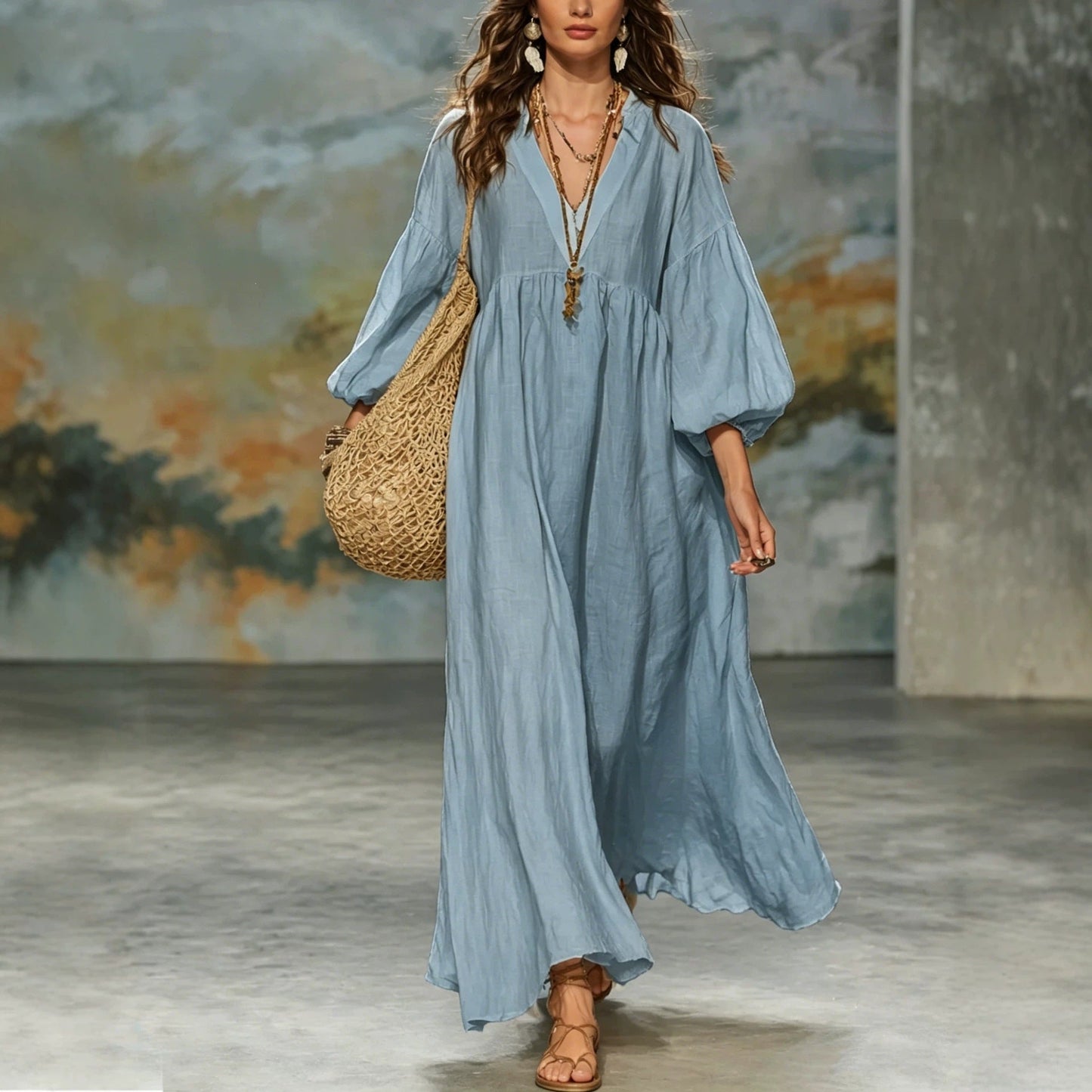 Boho V‑Neck Balloon Sleeve Linen‑Blend Maxi Dress