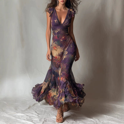 Deep V‑Neck Ruffle Cap Sleeve Watercolor Floral Maxi Dress