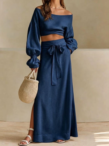 Linen‑Blend Off‑Shoulder Crop Top & Tie‑Waist Slit Maxi Skirt Two‑Piece Set