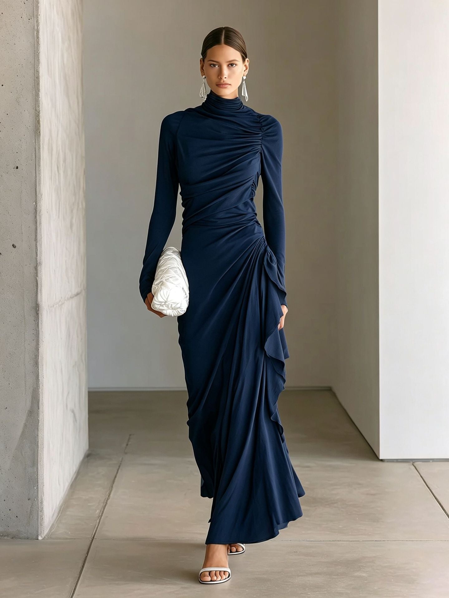 Turtleneck Ruched Side‑Ruffle Long‑Sleeve Maxi Dress