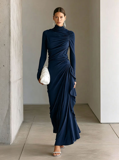 Turtleneck Ruched Side‑Ruffle Long‑Sleeve Maxi Dress