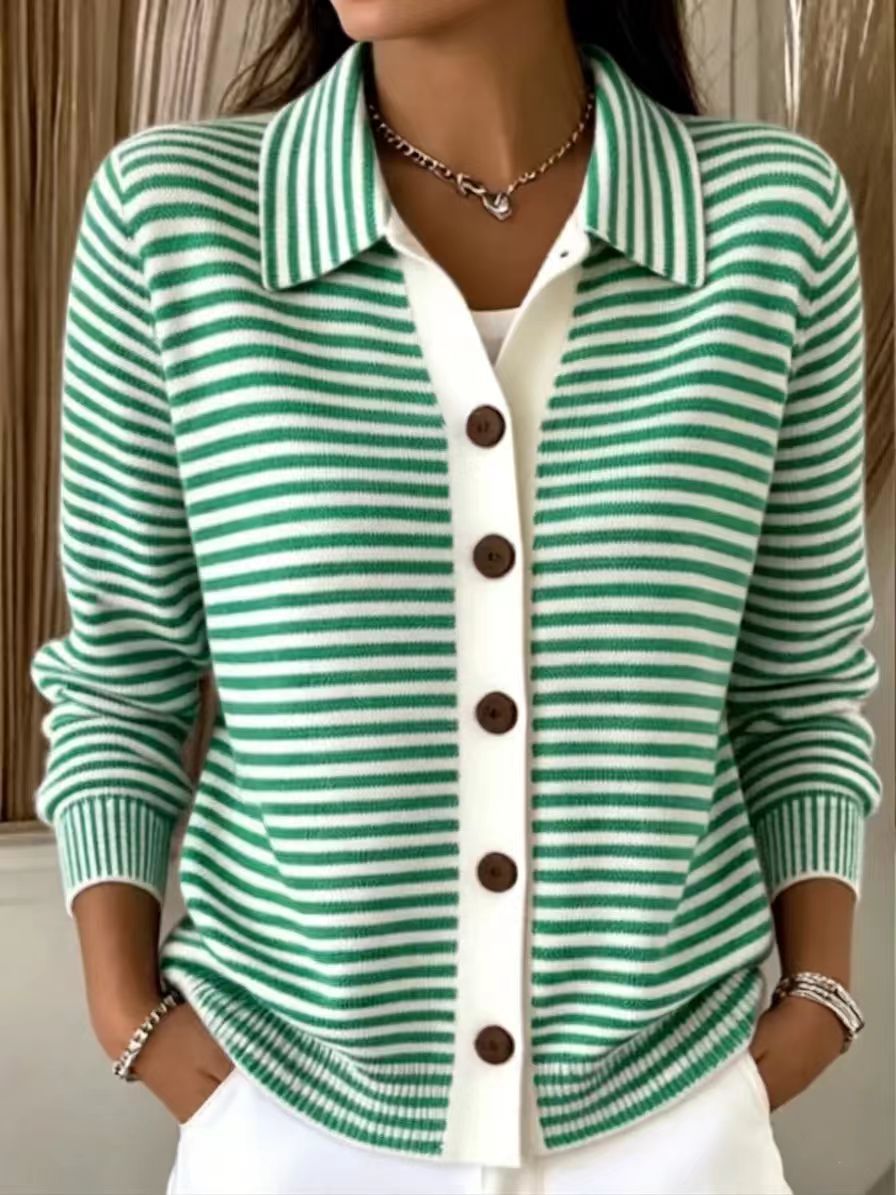 Women's Green‑White Stripe Collared Button Front Knit Cardigan