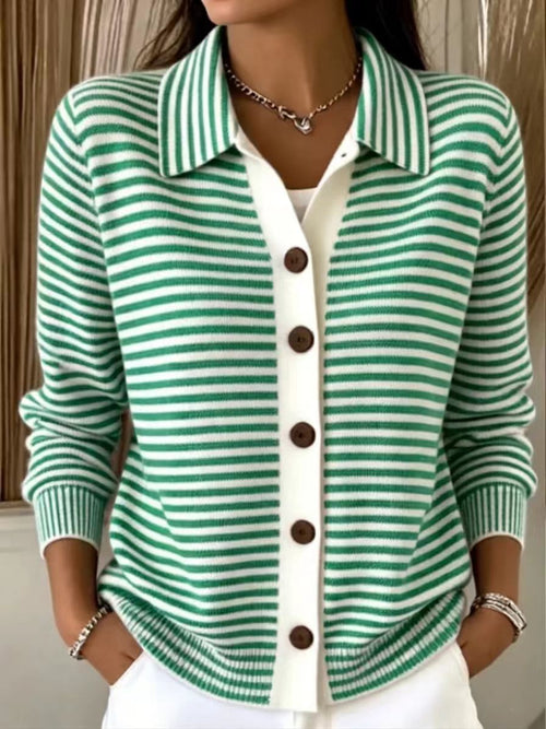 Women's Green‑White Stripe Collared Button Front Knit Cardigan