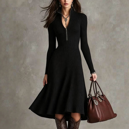 Half‑Zip Ribbed Knit Fit‑and‑Flare Midi Sweater Dress