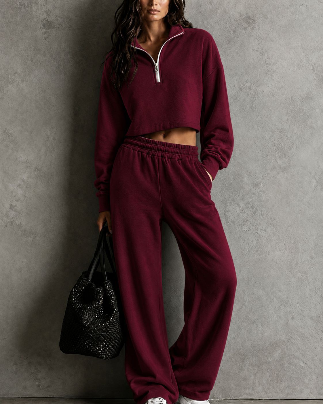 Half‑Zip Cropped Sweatshirt & Wide‑Leg Sweatpants Two‑Piece Set