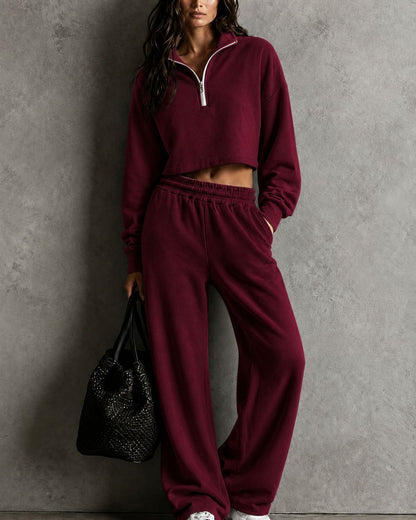 Half‑Zip Cropped Sweatshirt & Wide‑Leg Sweatpants Two‑Piece Set