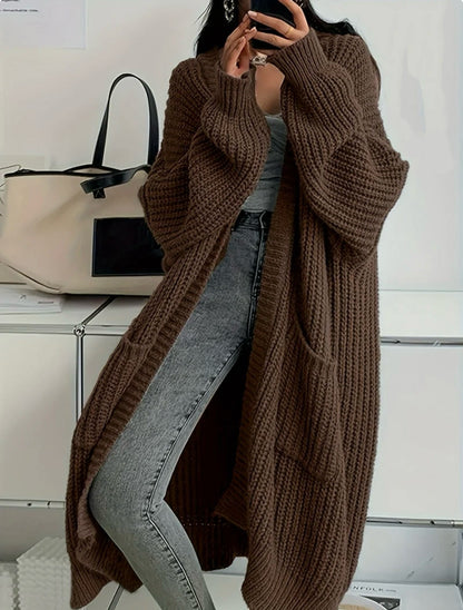 Women's Solid Chunky Knit Open Front Oversized Long Cardigan With Pockets