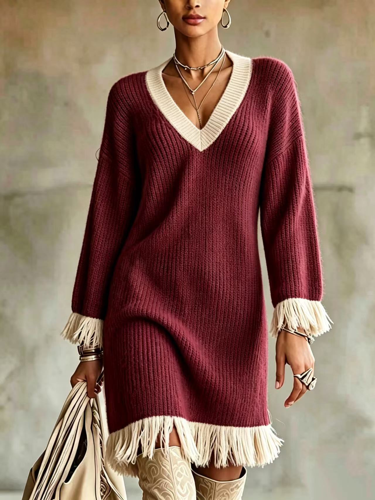 Women Color‑Block Knit Sweater Dress, V‑Neck Long Sleeve Fringe Trim Cuff & Hem Loose Fall Winter Mini Dress