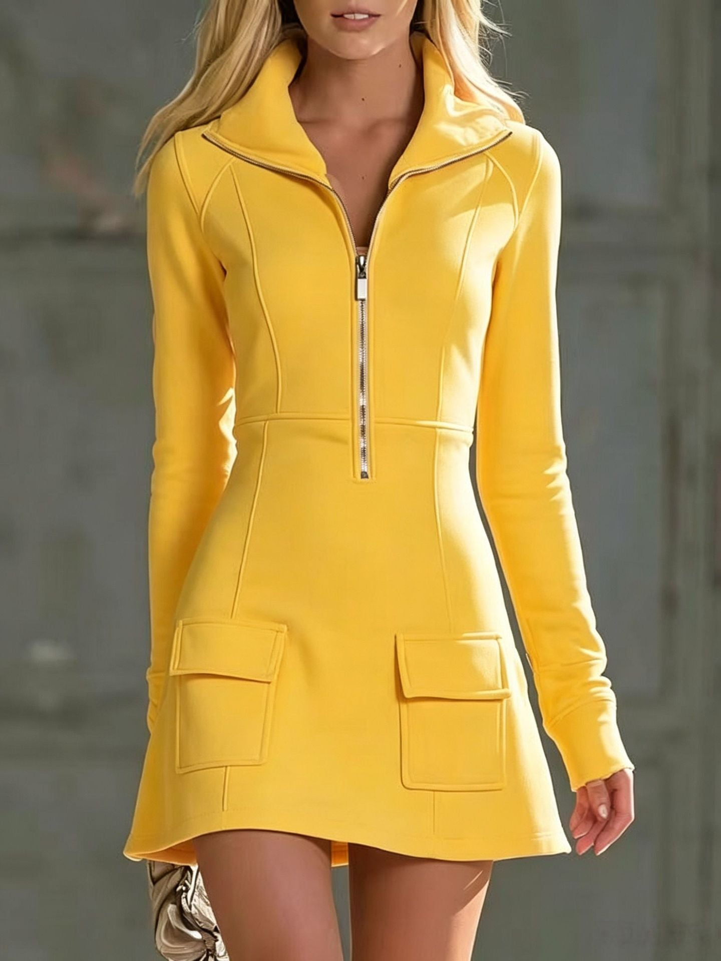 Casual Retro Pink Collared Half-zip Long-sleeved Cotton Mini Dress