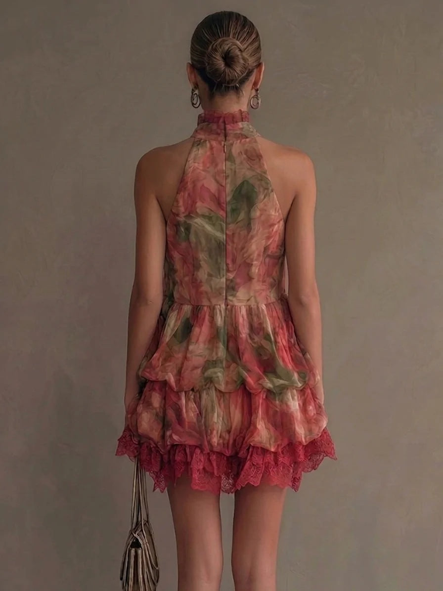 Romantic Floral Halter Tiered Lace Trim Mini Dress