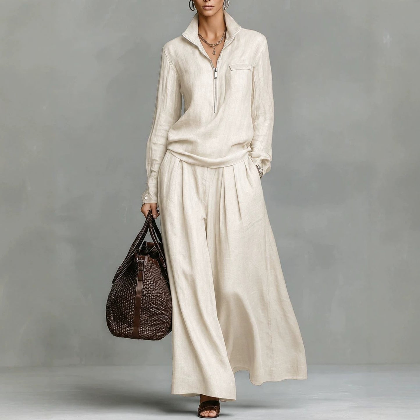 Linen Two Piece Set Women Half Zip Top & Wide Leg Pants Casual Co‑ord Outfit