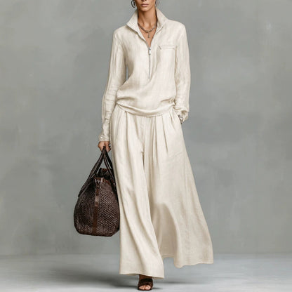 Linen Two Piece Set Women Half Zip Top & Wide Leg Pants Casual Co‑ord Outfit