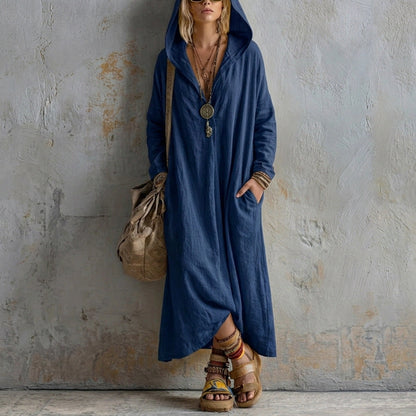 Soft Linen Hooded Maxi Kaftan Dress | Loose Boho Long Sleeve Cover Up