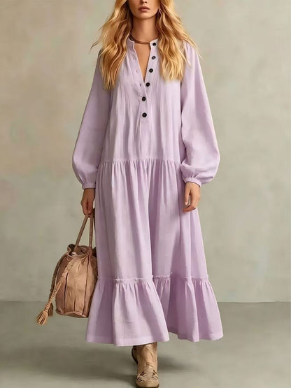 Crinkled Half Button Balloon Sleeve Tiered Ruffle Maxi Dress
