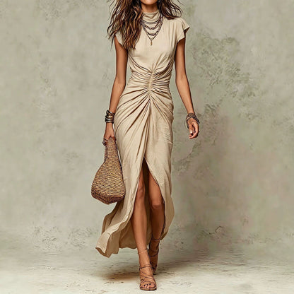 High‑Neck Cap Sleeve Ruched Front Slit Maxi Dress