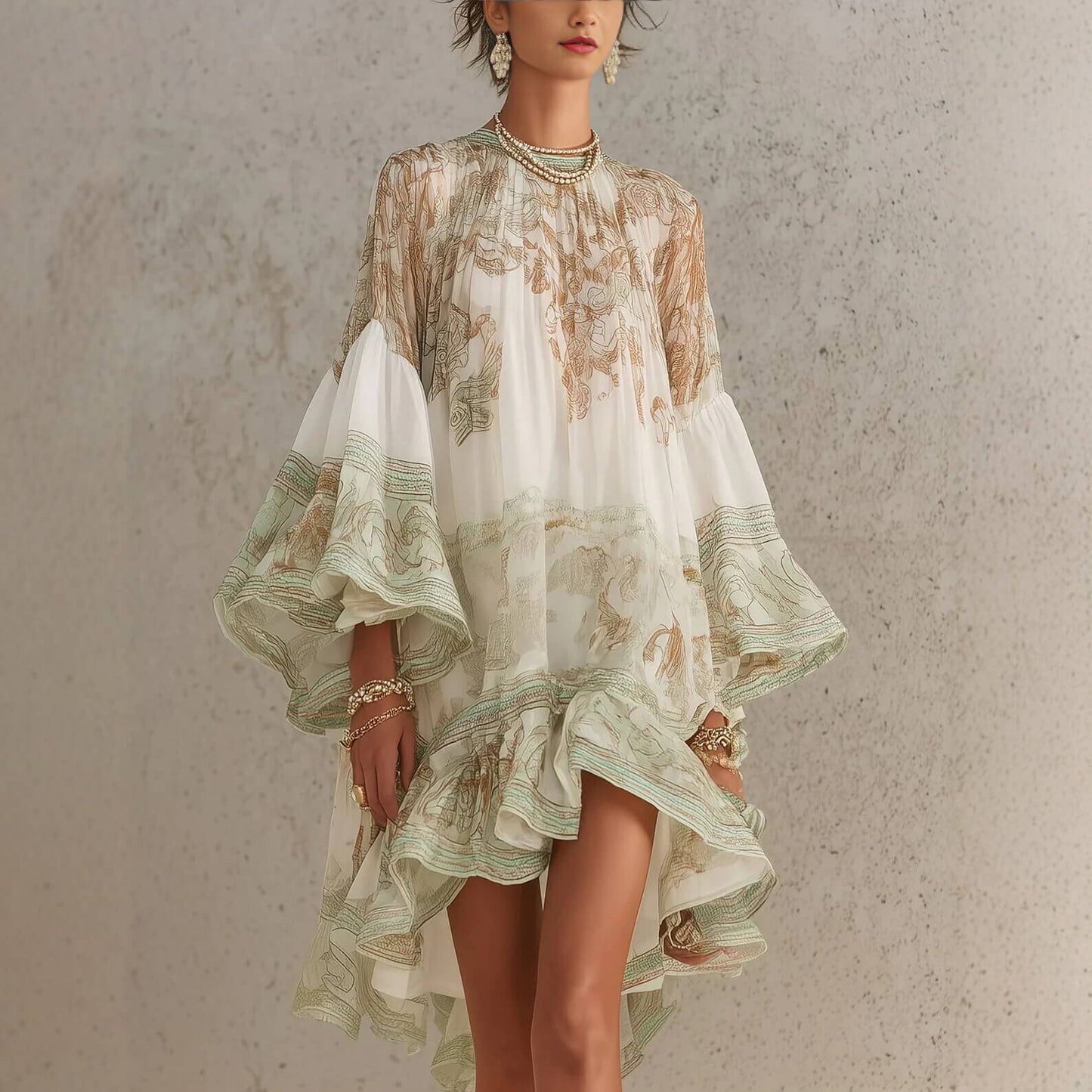 Boho Printed Ruffled Flare Sleeve Stretchy Polyester Womens Mini Dress